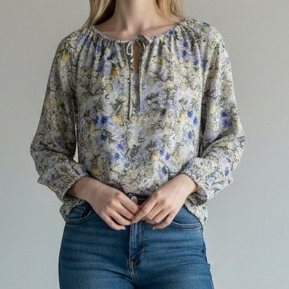 Chaus Floral Lemon Print Tie Neck Blouse Boho Summer Top XL Blue Yellow